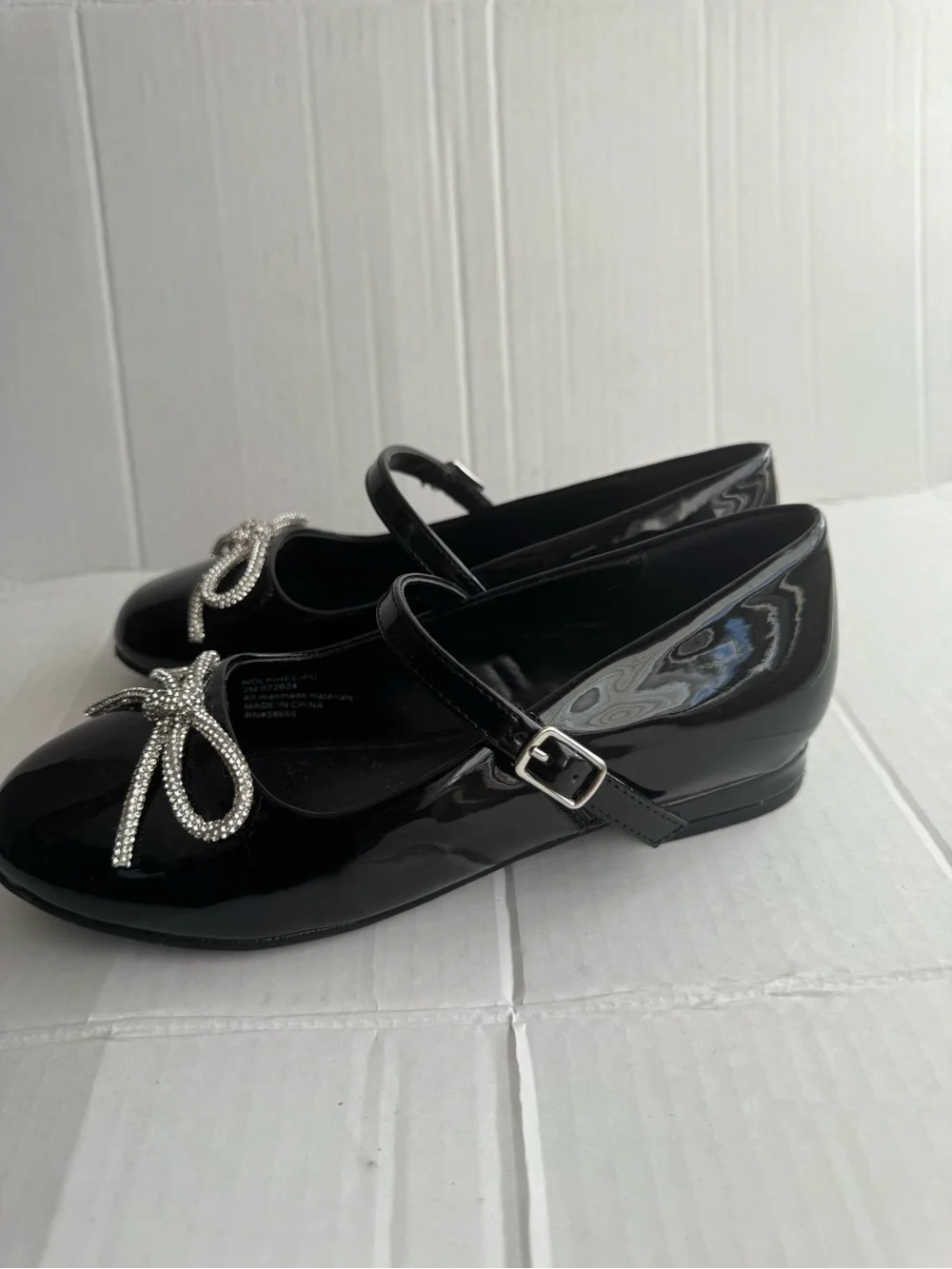 Nordstrom Black Patent Mary Jane Flats with Crystal Bow Accent